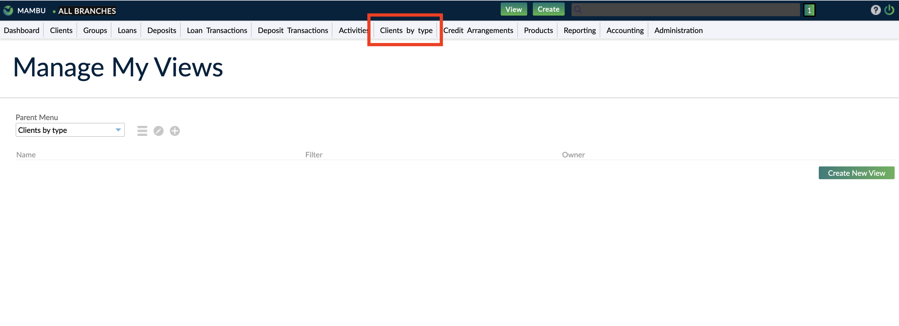 Clients by type menu item with no custom views